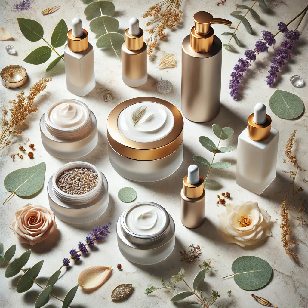 an image showcasing luxurious anti-aging skincare products from Tres Keikis. The design highlights the elegance and natural appeal of the products. 